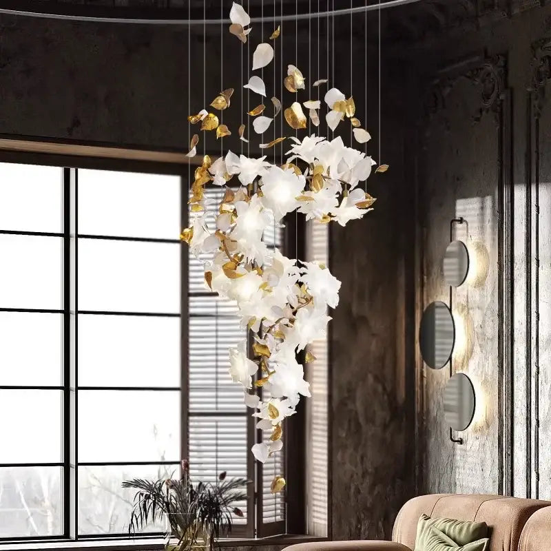 Elegant white and gold crystal flower luxury chandelier with delicate suspended petals for dining room decorbites