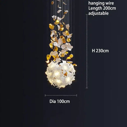 Elegant 230cm tall white and gold decorbites crystal flower chandelier with cascading petals and glowing spherical base