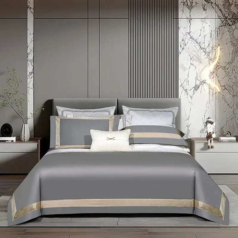 Gray satin bedspread with gold geometric trim in white and gold Egyptian cotton bedding set with gold embroidery