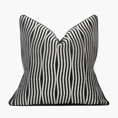 Square black and white striped throw pillow with textured fabric finish in decorbites jacquard luxury cushion cover style