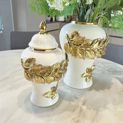 White ceramic flower vase with golden leaves and butterfly accents ideal for living room decorbites golden leaves decor