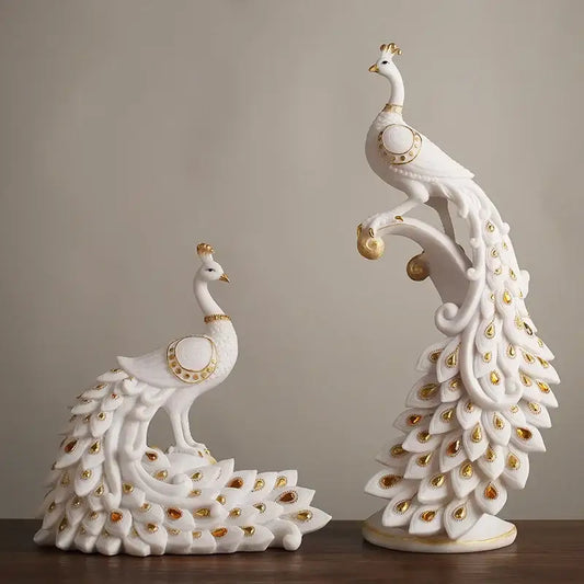 White and gold peacock sculpture with detailed feather patterns for home decor by decorbites golden phoenix peacock collection