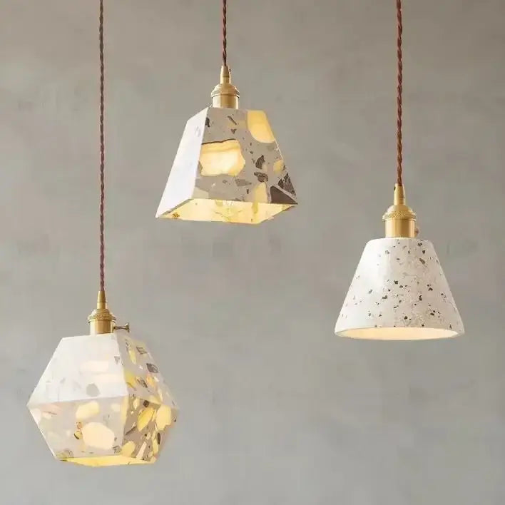 White and gold terrazzo cement marble chandelier with three geometric pendant lights for dining room decorbites table lamp