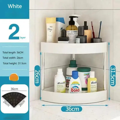 White two-layer corner shelf with curved design and transparent panels as part of a rolling cart storage rack for kitchen organizing