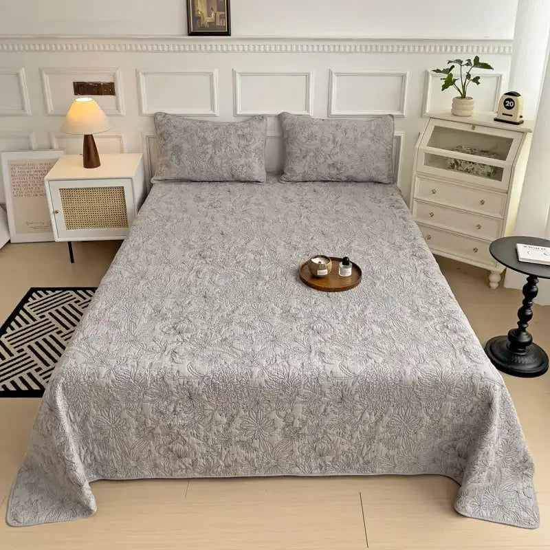 Gray floral-patterned decorbites cotton quilted embroidered bedspread set with soft textured fabric finish for bedroom decor