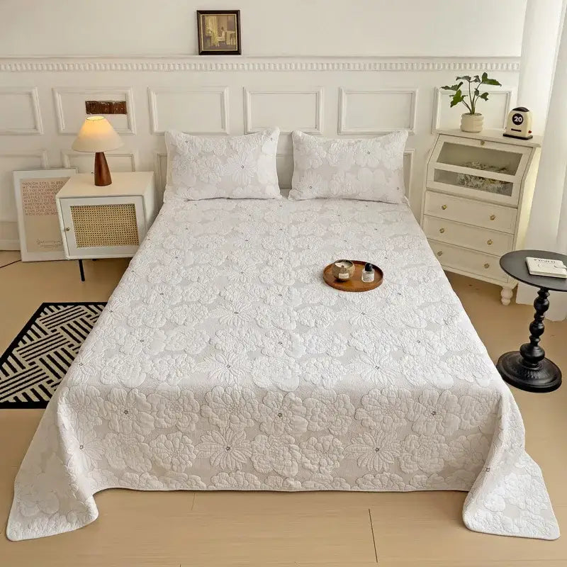White and gray blue decorbites cotton quilted embroidered bedspread set with subtle floral design for bedroom decor