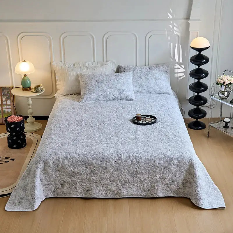 Light gray cotton quilted embroidered bedspread set with subtle floral pattern for bedroom decorbites bedspread set