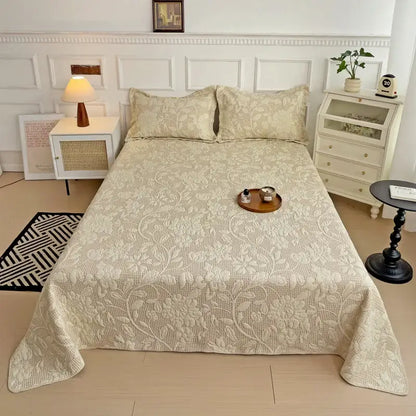 Beige floral decorbites cotton quilted embroidered bedspread set with soft textured weave and subtle raised pattern