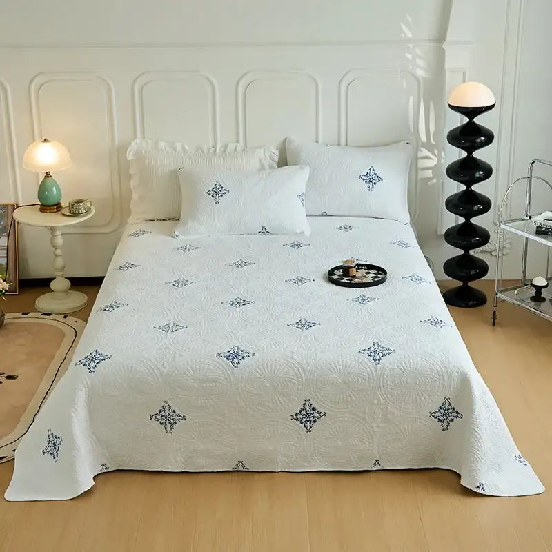 White and gray blue cotton quilted embroidered bedspread set featuring delicate blue diamond embroidery decorbites cotton quilted