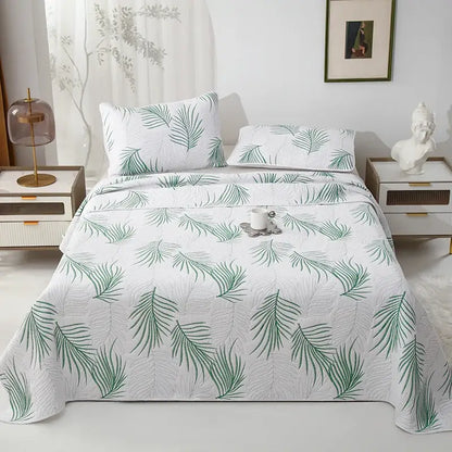 White and gray blue decorbites cotton quilted embroidered bedspread set with green palm frond pattern for bedroom decor