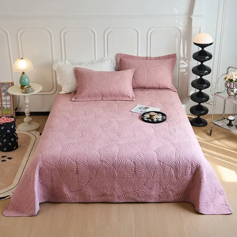 Pink quilted bedspread with subtle leaf pattern in white and gray blue decorbites cotton quilted embroidered set