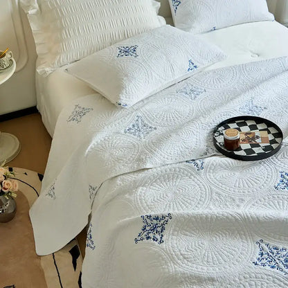 White and gray blue cotton quilted embroidered bedspread set featuring intricate blue embroidery for bedroom decorbites cotton quilted design