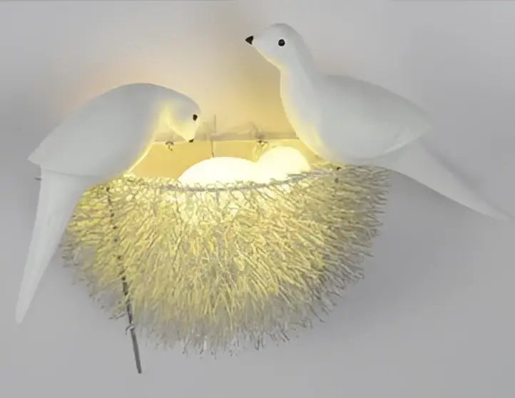 White ceramic dove wall lamp with glowing golden metallic nest led wall lamp for bedroom decorative light