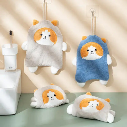 Cute soft gray and blue coral plush cat hand towel with orange accents and hanging loops for decorbites coral plush decor