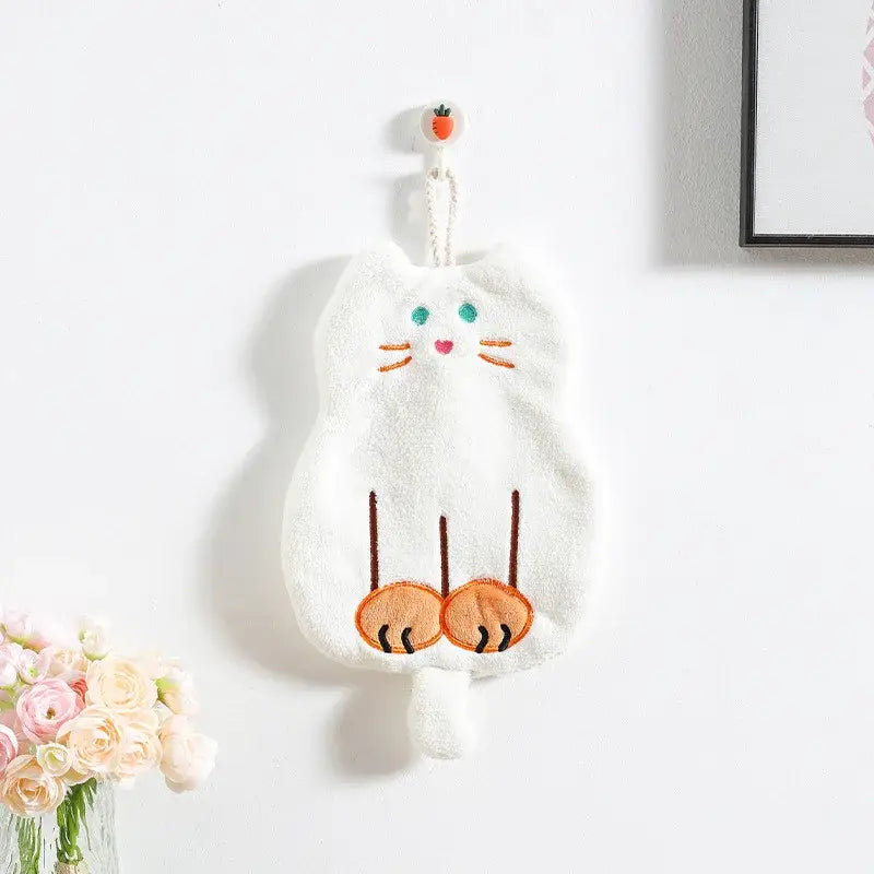White and orange coral plush cat hand towel featuring embroidered green eyes and paws for bathroom decorbites coral plush decor