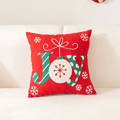 Red holiday throw pillow with joy embroidery and festive ornament in green and white for christmas pillow cases decorbites embroidered christmas