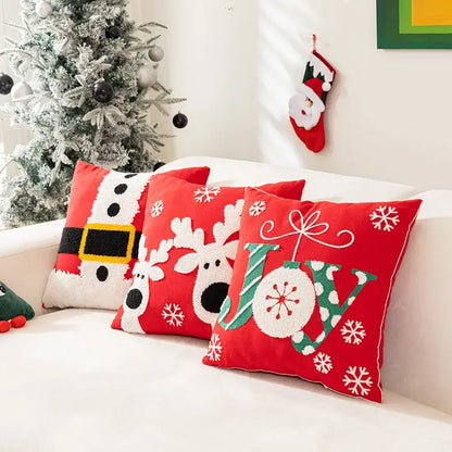 Red embroidered christmas pillow with white snowflakes reindeer design and green joy lettering for living room decorbites decor