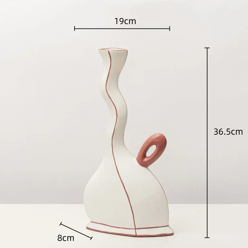 A sleek white ceramic vase with wavy form and subtle terracotta accent lines featuring geometric black lines