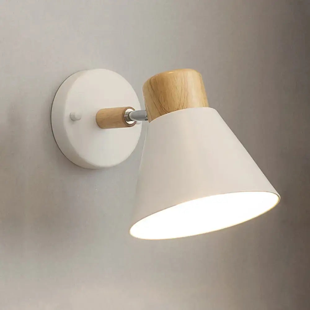 White and wood conical wall mount light with metal arm, a modern wall lamp for bedroom use