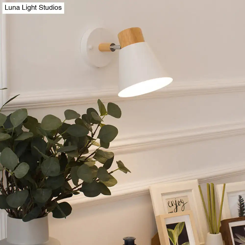 White and wood conical wall mount light with natural wood arm accent for bedroom wall lamp in black and white