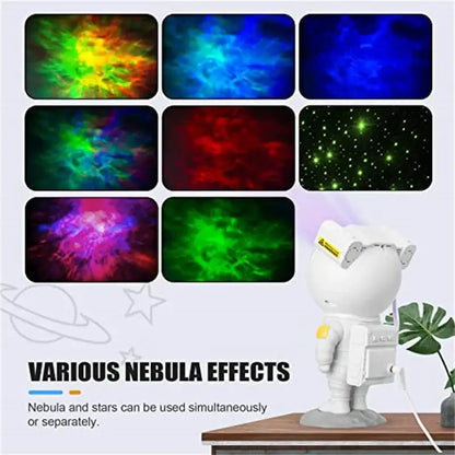 White astronaut star projector night light casting vibrant nebula and starlight effects for bedroom galaxy decor