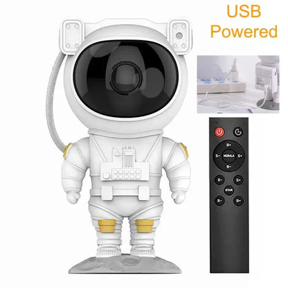 White astronaut star projector with gold accents and black lens as a star projector night light for bedroom galaxy decor