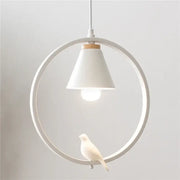 White ceramic iron ring pendant light with a circular frame and small bird figurine for bedroom decorbites decor