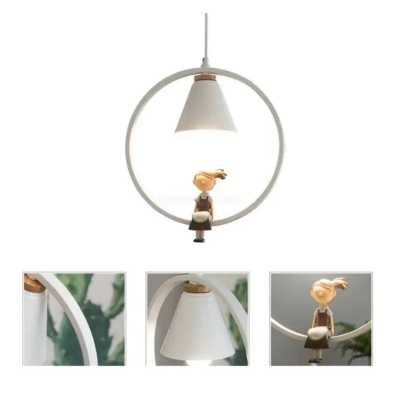 White bird iron ring pendant light with white circular conical ceramic shade and girl figurine decorbites iron ring pendant