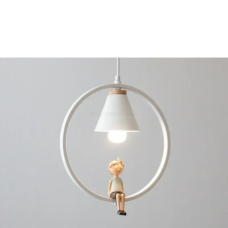 White bird iron ring pendant light with wooden accent and boy figurine inside the ring for bedroom decorbites iron ring pendant