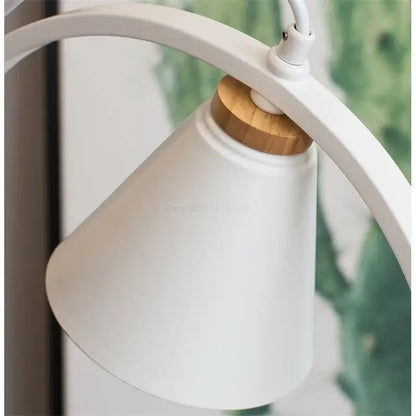 White bird iron ring pendant light with white matte bell-shaped lampshade and natural wood collar for decorbites iron ring pendant lights