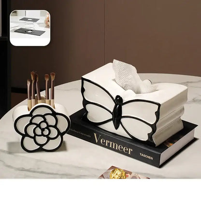 White and black butterfly ceramic tissue box with black outline detailing for bedroom decor by decorbites butterfly ceramic