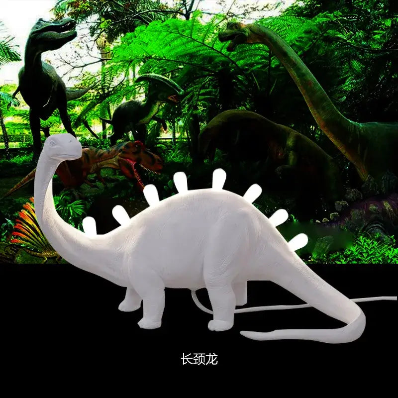White brontosaurus t-rex dinosaur resin led desk lamp with glowing spines for bedroom lighting and decor