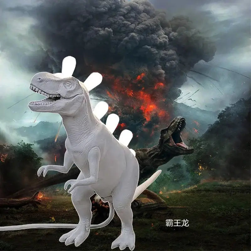 White resin led desk lamp shaped like a stegosaurus with glowing white led lights along its back for bedroom use