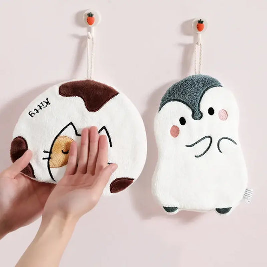 White and brown cartoon animals microfiber hand towels set featuring plush cat-shaped bath sponge with embroidered details