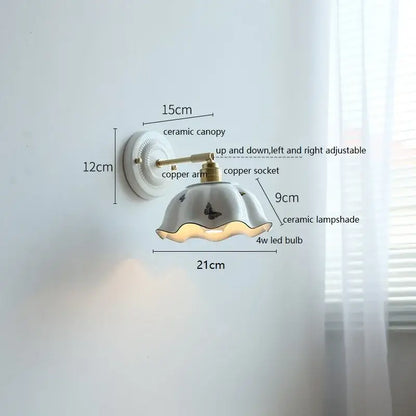 White butterfly ceramic led wall lamp with scalloped shade and brass copper arm for bedroom decor