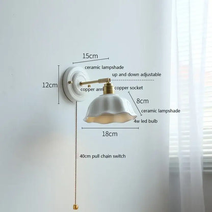 White butterfly ceramic led wall lamp with scalloped white ceramic lampshade and adjustable brass copper arm socket
