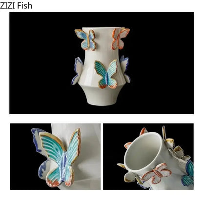 White butterfly ceramic vase decorated with colorful hand-painted blue teal and orange butterflies for living room decorbites butterfly ceramic