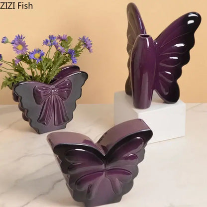 Purple decorbites butterfly ceramic vases with glossy finish and pink bow living room decor butterfly ceramic vase