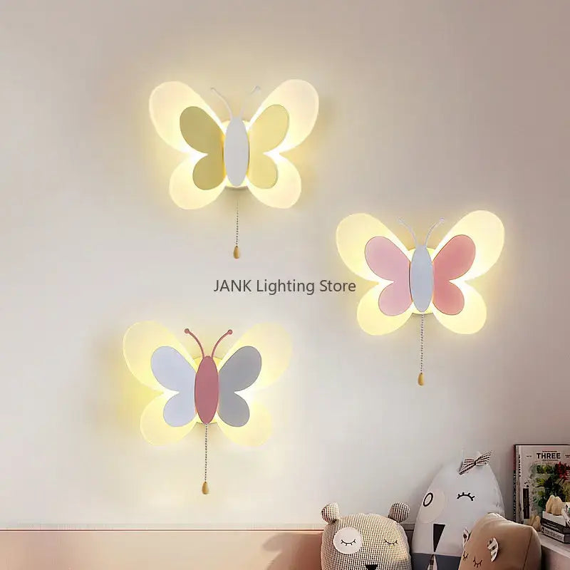 Three pastel butterfly led wall lamps with white bodies and pull chains for bedroom decorbites butterfly led wall lamp