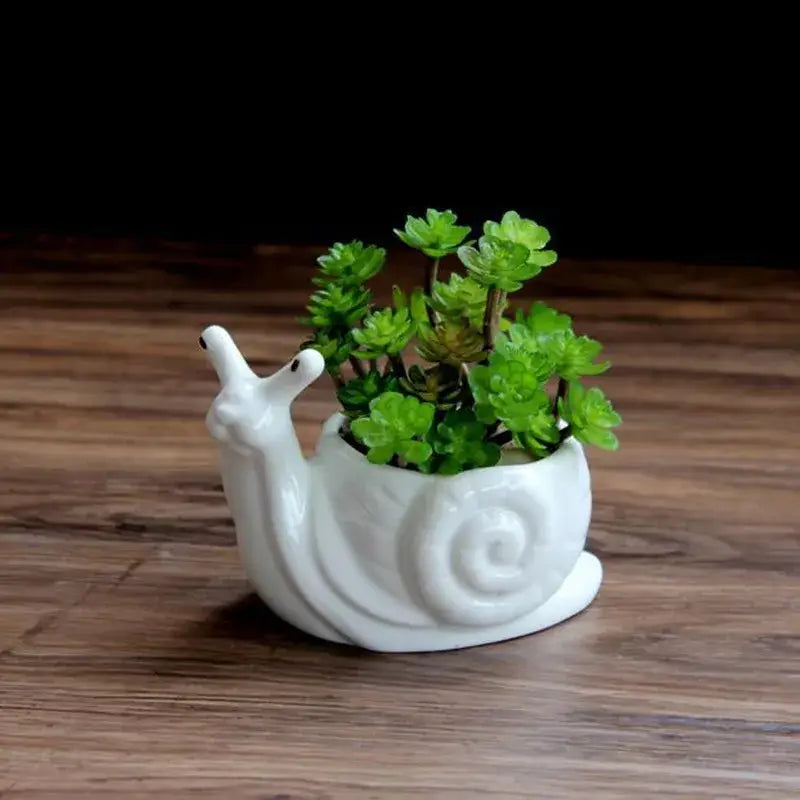 White ceramic decorbites cartoon snail flower vase holding green succulents for garden décor and indoor use
