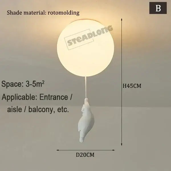 Off-white circular pendant lamp with rotomolded shade and attached white ceramic bear cartoon for kids bedroom
