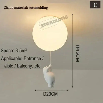 White ceramic bear cartoon pendant lamp featuring a white rotomolded balloon-shaped pendant light held by hand