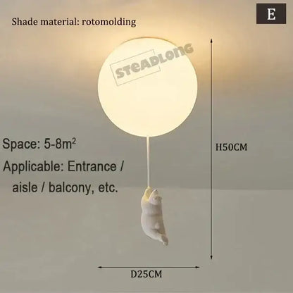 White ceramic bear cartoon pendant lamp with white rotomolded balloon ceiling light and dangling cat figurine for kids bedroom