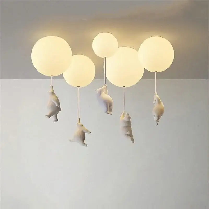 White ceramic bear cartoon pendant lamp with frosted glass globes for kids bedroom lighting