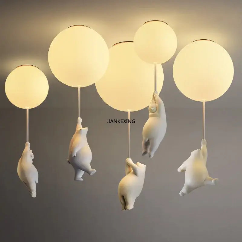 White ceramic bear led ceiling chandelier with spherical frosted glass globes for bedroom lighting