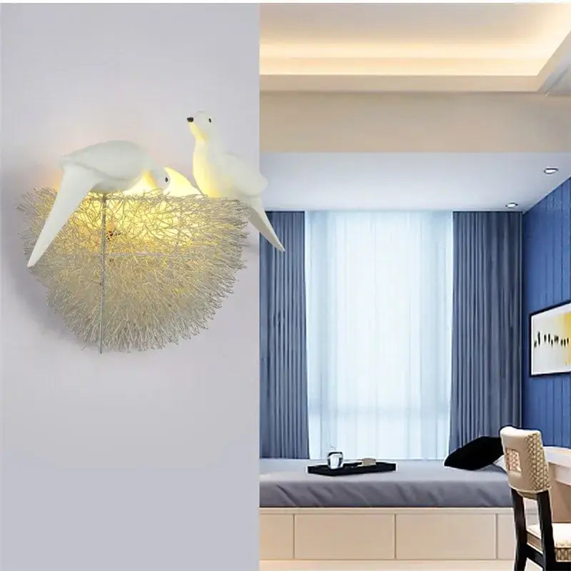 White ceramic bird nest led wall lamp featuring a glowing textured wire nest design for bedroom decorbites bird nest decorbites bird nest wall lamp