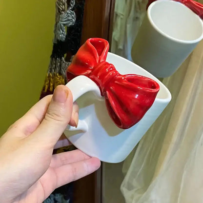 White ceramic bow knot mug with a glossy red bow knot ceramic handle for dining room decorbites bow knot porcelain cup