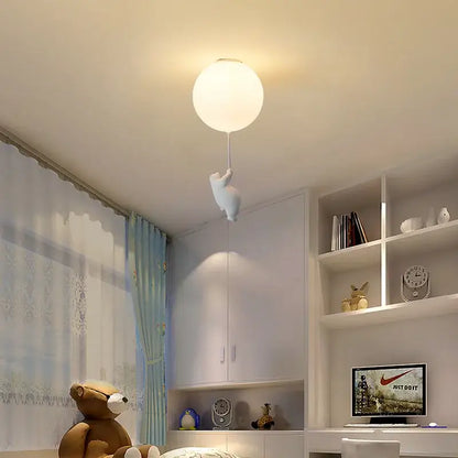 White ceramic cat pendant ceiling light with white balloon shape and decorbites cartoon bear figure for kids bedroom decor