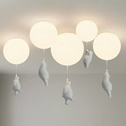 White ceramic bear-shaped ceiling light with spherical balloon elements for kids bedroom decorbites cartoon bear design