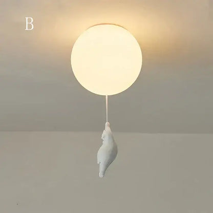 White ceramic cat pendant ceiling light with spherical globe for kids bedroom featuring decorbites cartoon bear